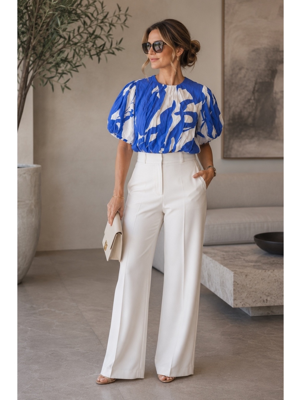 Reserved Linen Blend Crop Top Blue White Balloon Sleeve Coastal Medium